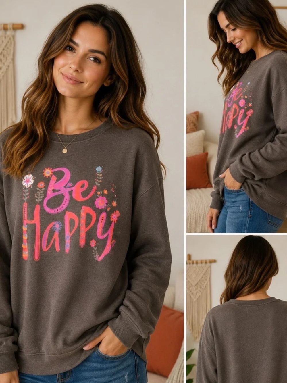 Natural Life ‘Be Happy’ Crewneck Pocket Sweatshirt